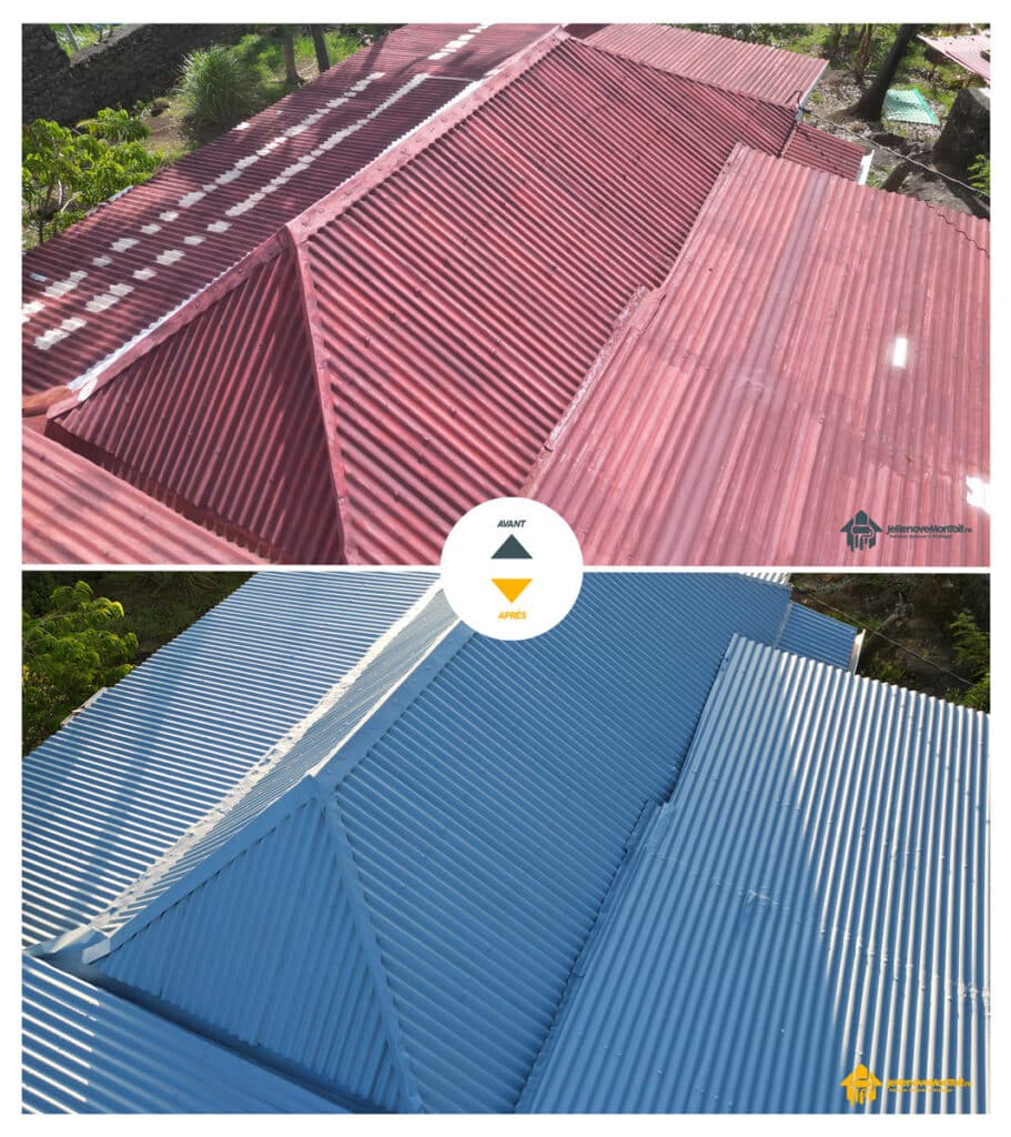 Image avant/après d'une toiture rénovée par je rénove mon toit à Terre Sainte à Saint Pierre île de la Réunion